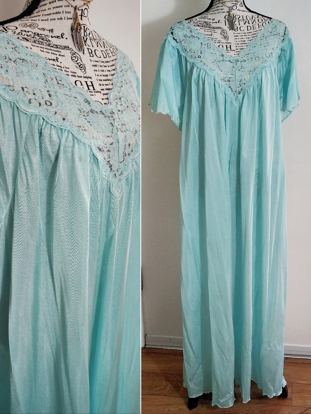 VTG Union Made Lace Trim Nylon Nightgown Flutter Sleeves *One Size